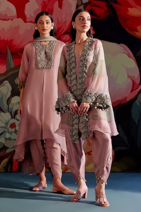 Buy_Parul And Preyanka_Peach Chanderi, Silk Organza Embroidery, Beads, Pearls, Aroo Jacket And Kurta Set 