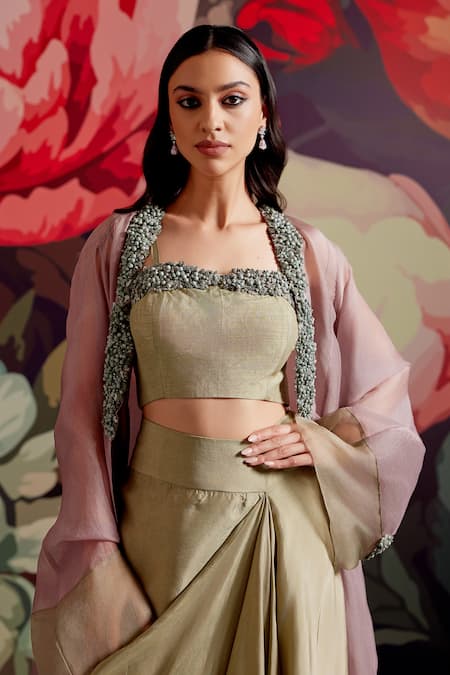 Shop_Parul And Preyanka_Lavender Organza, Beads, Applique Pembe Embroidered Jacket Skirt Set _Online_at_Aza_Fashions