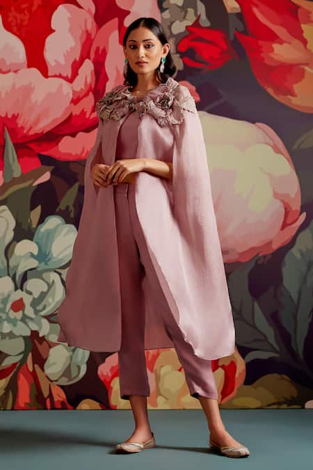 Parul And Preyanka_Pink Silk Organza Round Neck Banafshi Floral Embroidered Cape Set _Online_at_Aza_Fashions
