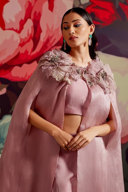 Buy_Parul And Preyanka_Pink Silk Organza Round Neck Banafshi Floral Embroidered Cape Set _Online_at_Aza_Fashions