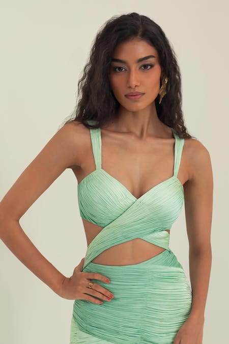 Pinup By Astha_Olive Green Satin, Georgette Sweetheart Neck Tuscany Front Cut Out Gown _Online_at_Aza_Fashions