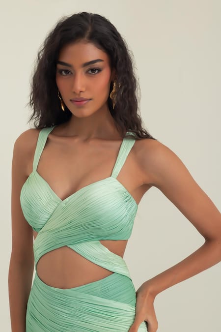 Buy_Pinup By Astha_Olive Green Satin, Georgette Sweetheart Neck Tuscany Front Cut Out Gown _Online_at_Aza_Fashions