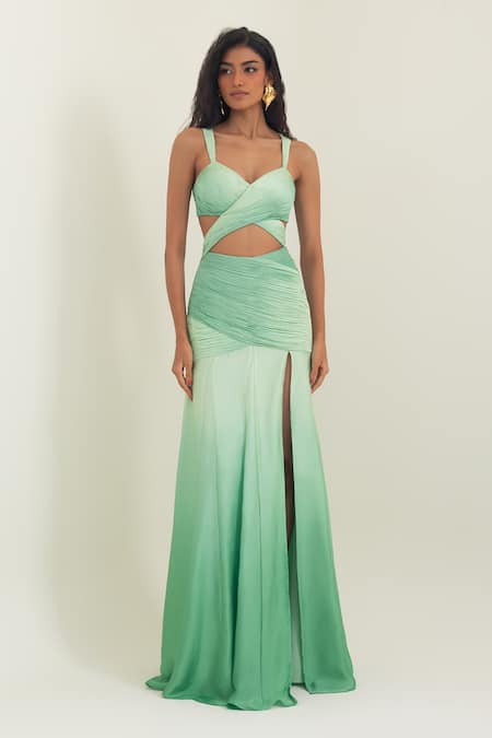 Pinup By Astha Olive Green Satin, Georgette Sweetheart Neck Tuscany Front Cut Out Gown
