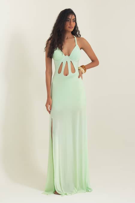 Pinup By Astha Mint Lycra Halter Neck Ostuni Cut Out Gown 