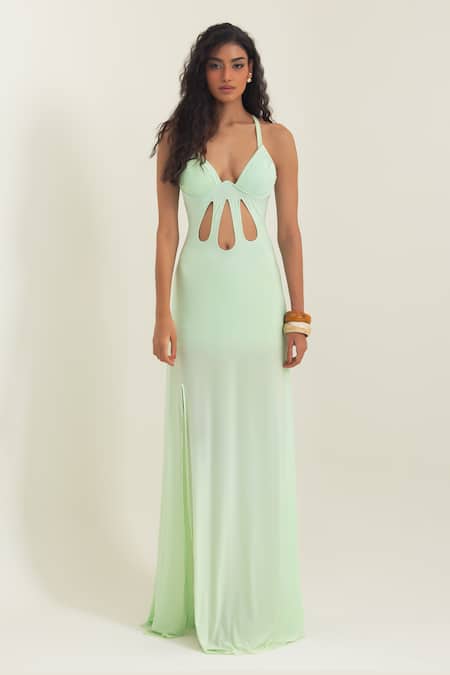 Pinup By Astha_Mint Lycra Halter Neck Ostuni Cut Out Gown _Online_at_Aza_Fashions