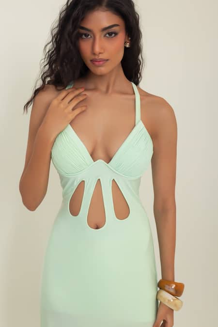 Shop_Pinup By Astha_Mint Lycra Halter Neck Ostuni Cut Out Gown _Online_at_Aza_Fashions