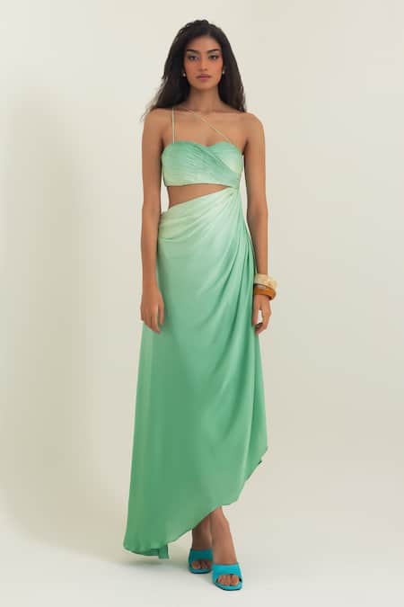 Pinup By Astha Olive Green Satin, Georgette Sweetheart Neck Salerno Ruched Gown 