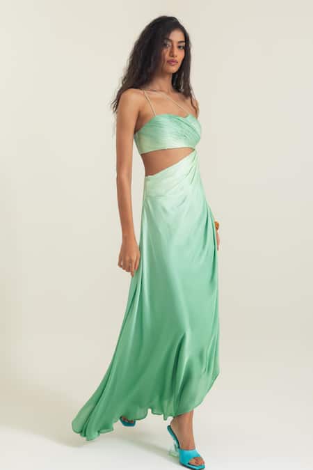 Pinup By Astha_Olive Green Satin, Georgette Sweetheart Neck Salerno Ruched Gown _Online_at_Aza_Fashions
