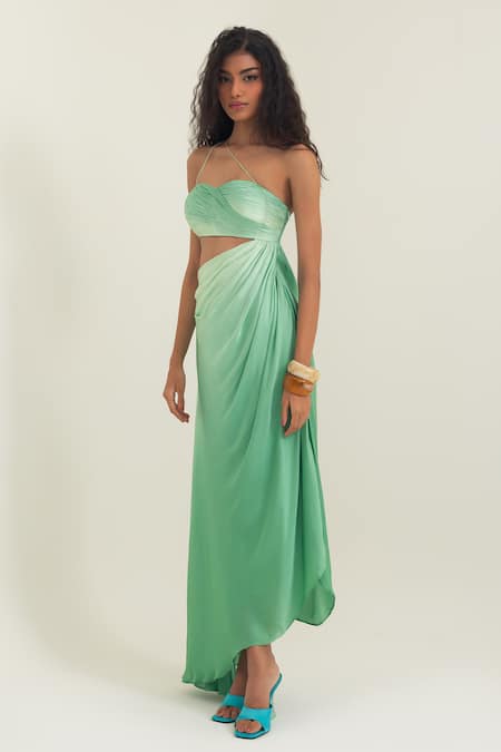 Buy_Pinup By Astha_Olive Green Satin, Georgette Sweetheart Neck Salerno Ruched Gown _Online_at_Aza_Fashions