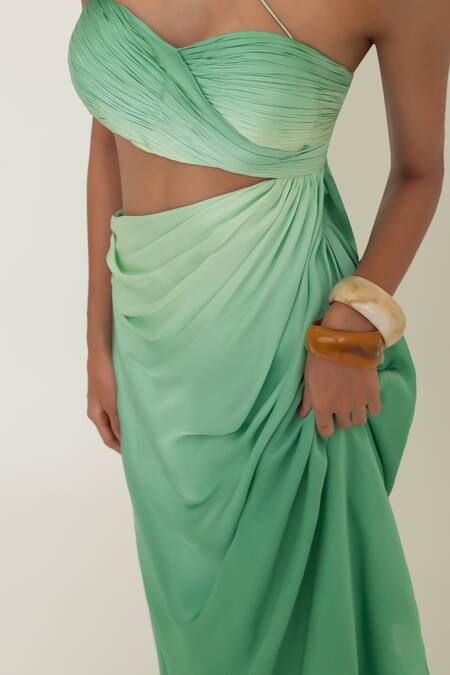 Shop_Pinup By Astha_Olive Green Satin, Georgette Sweetheart Neck Salerno Ruched Gown _Online_at_Aza_Fashions