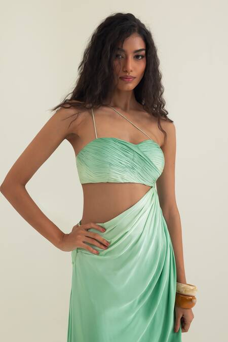 Pinup By Astha_Olive Green Satin, Georgette Sweetheart Neck Salerno Ruched Gown _at_Aza_Fashions