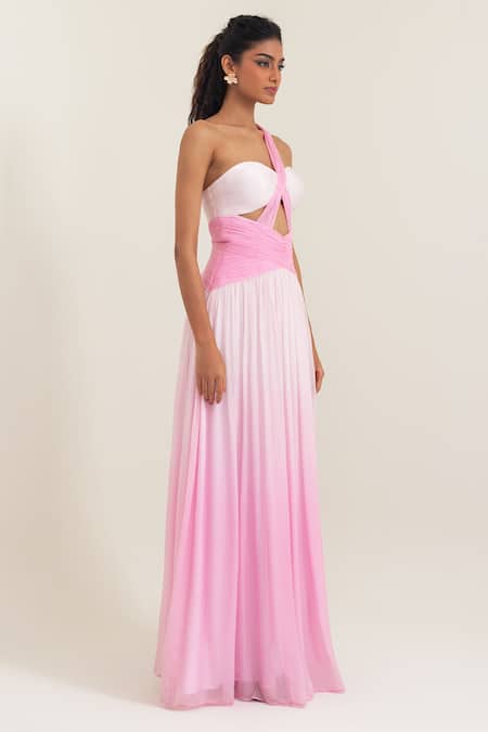 Buy_Pinup By Astha_Pink Chiffon Sweetheart Neck Sicily Ombre Pleated Gown _Online_at_Aza_Fashions