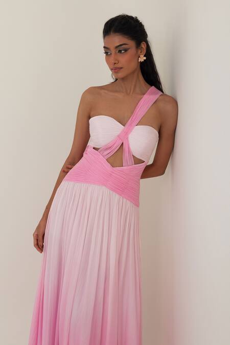 Shop_Pinup By Astha_Pink Chiffon Sweetheart Neck Sicily Ombre Pleated Gown _Online_at_Aza_Fashions