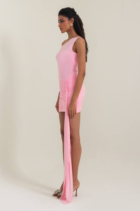Pinup By Astha_Pink Lycra One Shoulder Puglia Pleated Dress _Online_at_Aza_Fashions
