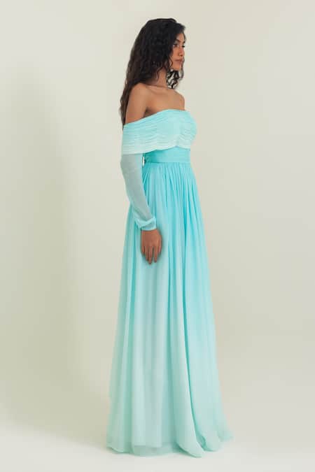 Pinup By Astha_Blue Chiffon Off-shoulder Ravello Off Pleated Gown _Online_at_Aza_Fashions
