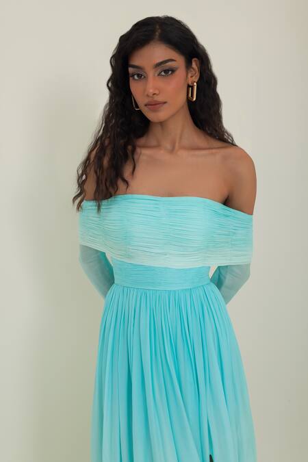 Buy_Pinup By Astha_Blue Chiffon Off-shoulder Ravello Off Pleated Gown _Online_at_Aza_Fashions