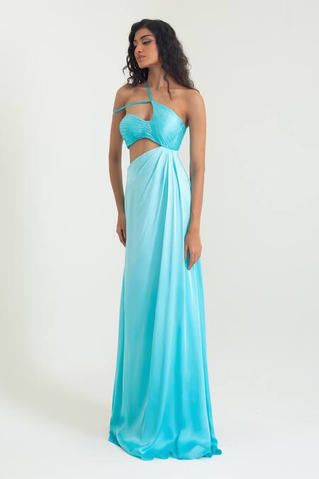 Pinup By Astha Aqua Satin, Georgette Halter Neck Palermo Cut Out Gown Online at Aza Fashions Pinup By Astha_Aqua Satin, Georgette Halter Neck Palermo Cut Out Gown _Online_at_Aza_Fashions