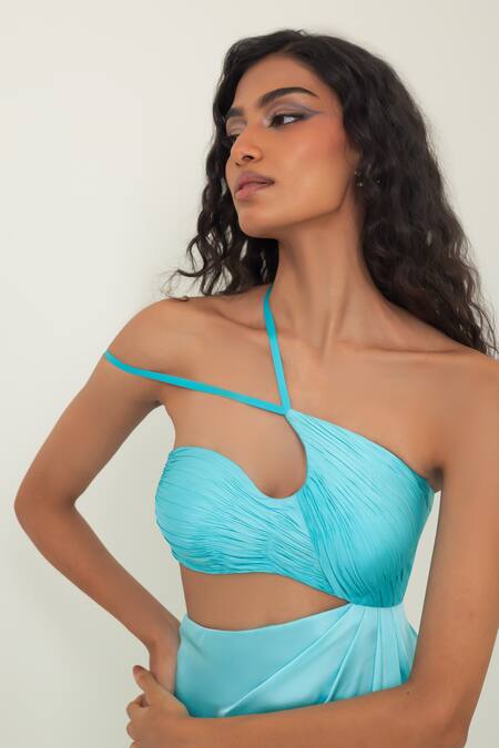 Shop Pinup By Astha Aqua Satin, Georgette Halter Neck Palermo Cut Out Gown Online at Aza Fashions Shop_Pinup By Astha_Aqua Satin, Georgette Halter Neck Palermo Cut Out Gown _Online_at_Aza_Fashions
