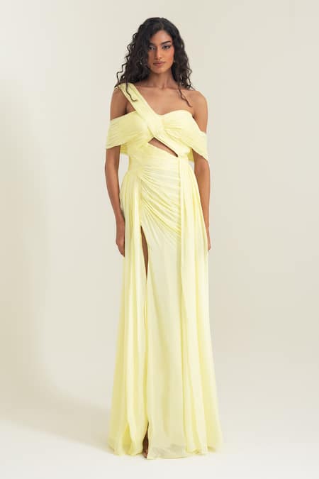 Pinup By Astha Yellow Chiffon Asymmetric Sorrento Draped Gown 