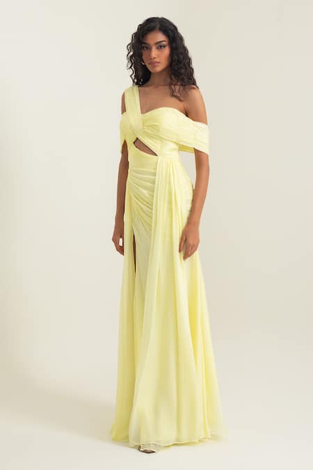 Pinup By Astha_Yellow Chiffon Asymmetric Sorrento Draped Gown _Online_at_Aza_Fashions