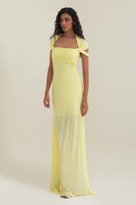 Pinup By Astha_Yellow Lycra Square Neck Capri Gown _Online_at_Aza_Fashions