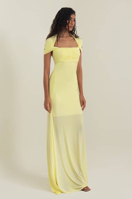 Buy_Pinup By Astha_Yellow Lycra Square Neck Capri Gown _Online_at_Aza_Fashions