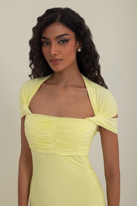 Shop_Pinup By Astha_Yellow Lycra Square Neck Capri Gown _Online_at_Aza_Fashions