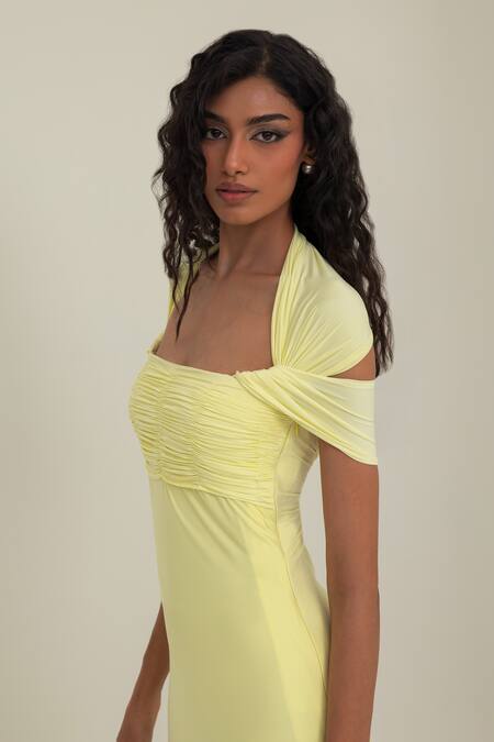 Pinup By Astha_Yellow Lycra Square Neck Capri Gown _at_Aza_Fashions