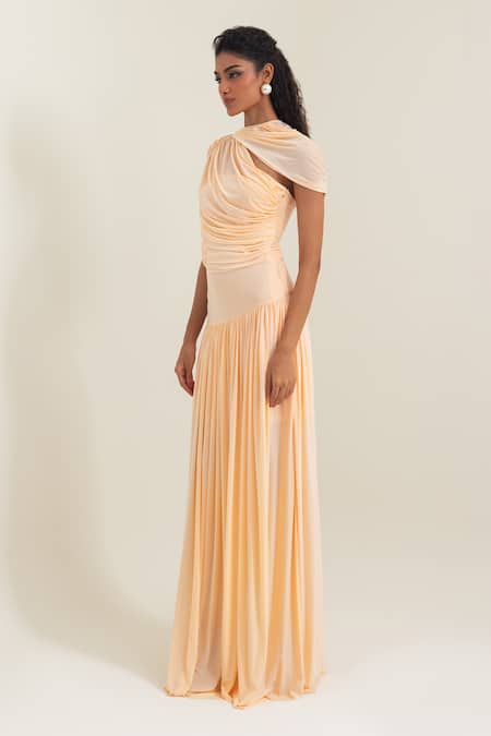 Pinup By Astha_Peach High Neck Saturnia Draped Gown _Online_at_Aza_Fashions