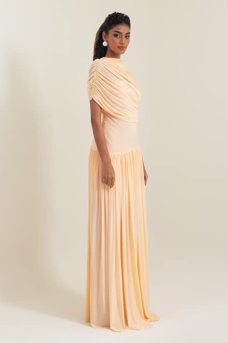 Buy_Pinup By Astha_Peach High Neck Saturnia Draped Gown _Online_at_Aza_Fashions