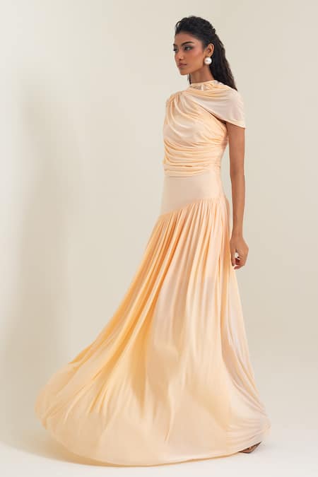 Shop_Pinup By Astha_Peach High Neck Saturnia Draped Gown _Online_at_Aza_Fashions