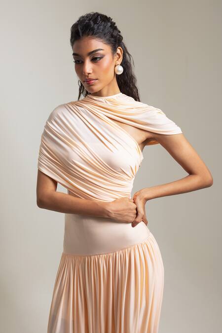 Pinup By Astha_Peach High Neck Saturnia Draped Gown _at_Aza_Fashions