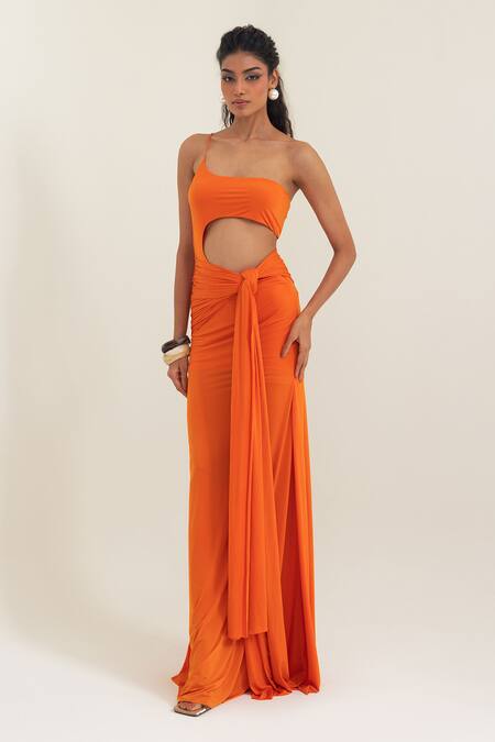Pinup By Astha_Orange Lycra One Shoulder Turin Asymmetric Gown _Online_at_Aza_Fashions