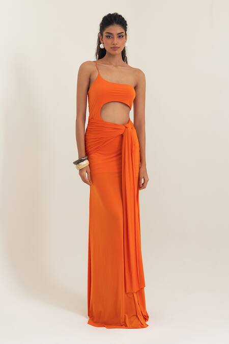 Buy_Pinup By Astha_Orange Lycra One Shoulder Turin Asymmetric Gown _Online_at_Aza_Fashions