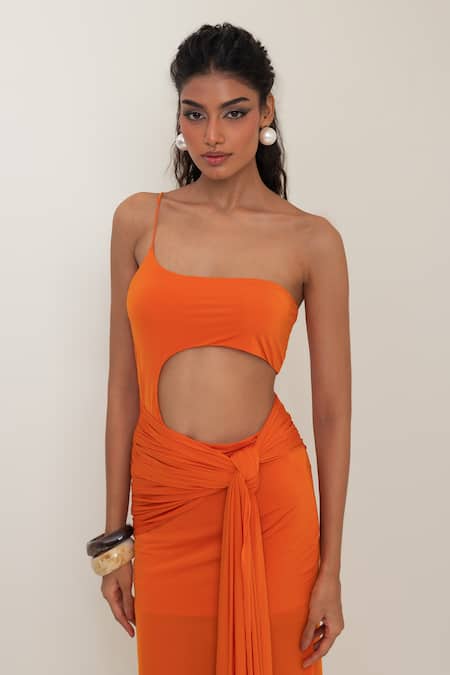 Shop_Pinup By Astha_Orange Lycra One Shoulder Turin Asymmetric Gown _Online_at_Aza_Fashions