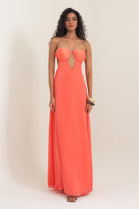 Pinup By Astha Orange Satin, Georgette Tassels Halter Neck Aeolian Gown