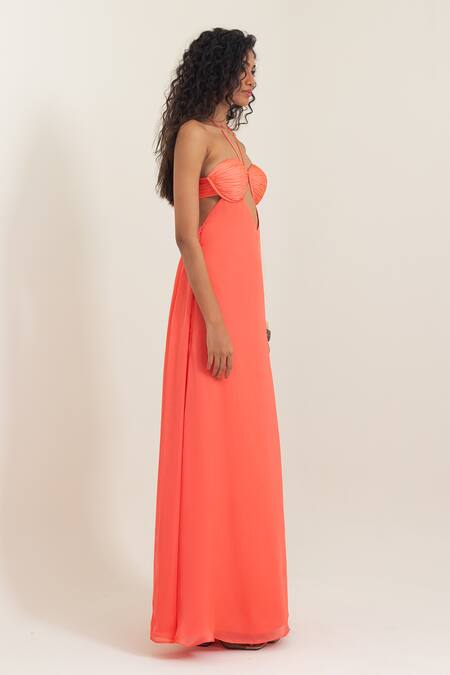 Pinup By Astha Orange Satin, Georgette Tassels Halter Neck Aeolian Gown Online at Aza Fashions Pinup By Astha_Orange Satin, Georgette Tassels Halter Neck Aeolian Gown _Online_at_Aza_Fashions