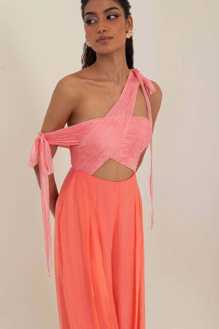 Pinup By Astha_Pink Chiffon Bows One Shoulder Cinque Terra Asymmetric Jumpsuit _Online_at_Aza_Fashions