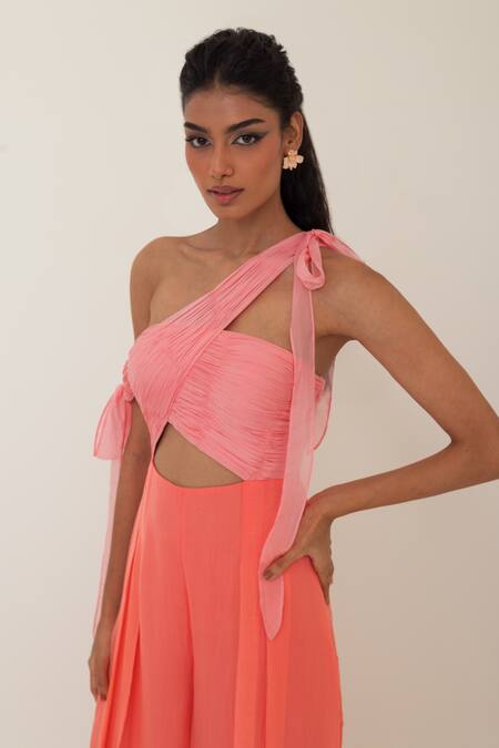 Shop_Pinup By Astha_Pink Chiffon Bows One Shoulder Cinque Terra Asymmetric Jumpsuit _Online_at_Aza_Fashions