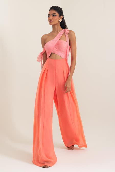 Pinup By Astha_Pink Chiffon Bows One Shoulder Cinque Terra Asymmetric Jumpsuit _at_Aza_Fashions