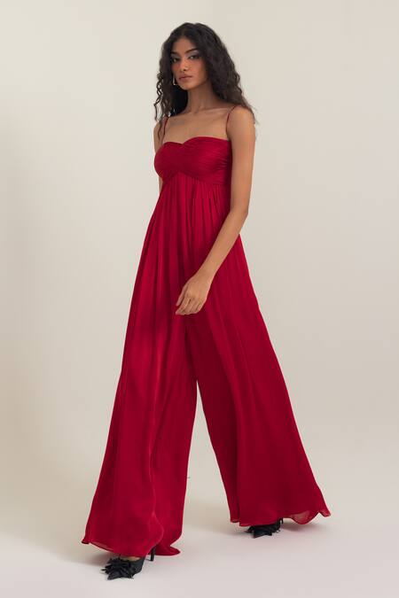Pinup By Astha_Red Georgette, Satin Sweetheart , Round Rome Jumpsuit With Cape _Online_at_Aza_Fashions