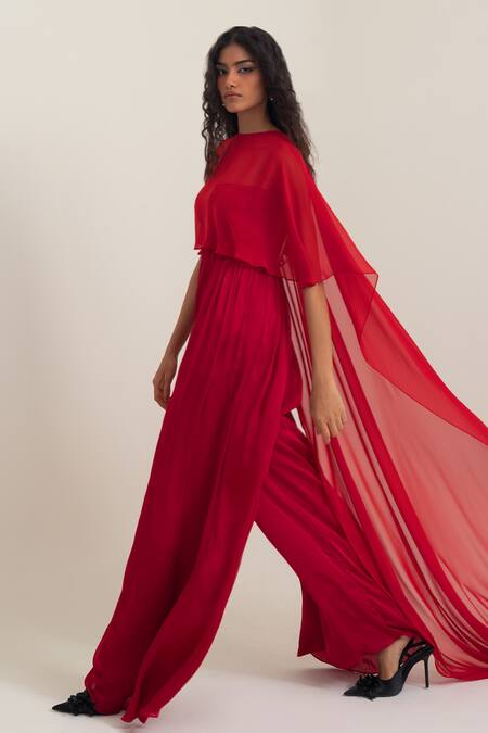Buy_Pinup By Astha_Red Georgette, Satin Sweetheart , Round Rome Jumpsuit With Cape _Online_at_Aza_Fashions