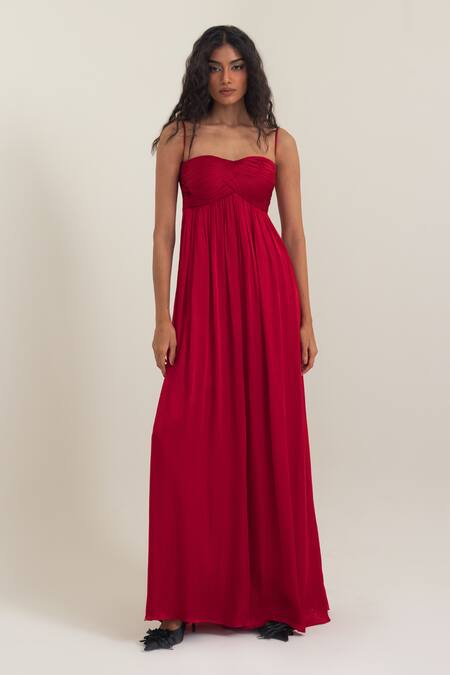 Shop_Pinup By Astha_Red Georgette, Satin Sweetheart , Round Rome Jumpsuit With Cape _Online_at_Aza_Fashions