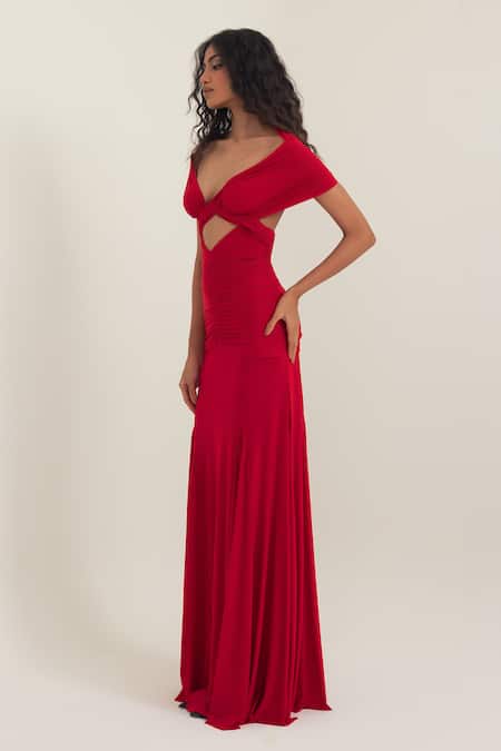 Shop_Pinup By Astha_Red Lycra V-neck, Off-shoulder Florence Plunge V Gown _Online_at_Aza_Fashions