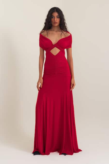 Pinup By Astha Red Lycra V-neck, Off-shoulder Florence Plunge V Gown