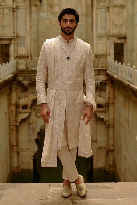 Buy_Nitika Gujral_Beige , Cotton, Lycra, Chanderi Embroidery Geometric Raw Sherwani Set _Online_at_Aza_Fashions