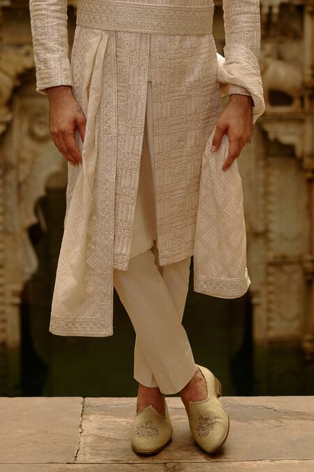 Shop_Nitika Gujral_Beige , Cotton, Lycra, Chanderi Embroidery Geometric Raw Sherwani Set _Online_at_Aza_Fashions