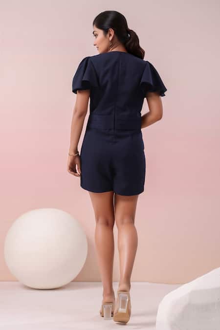 Naintara Bajaj Navy Blue Plain Short Playsuit 