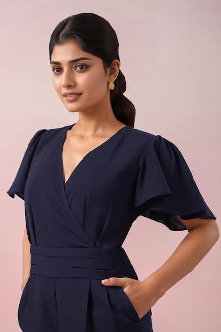 Naintara Bajaj_Navy Georgette V-neck Blue Plain Short Playsuit _Online_at_Aza_Fashions