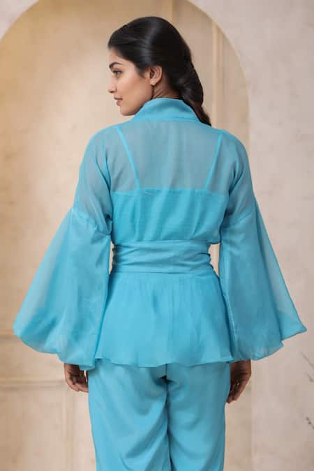 Samyukta Singhania_Blue Organza, Crepe Open Neck Balloon Sleeves Peplum Top With Pant _Online_at_Aza_Fashions